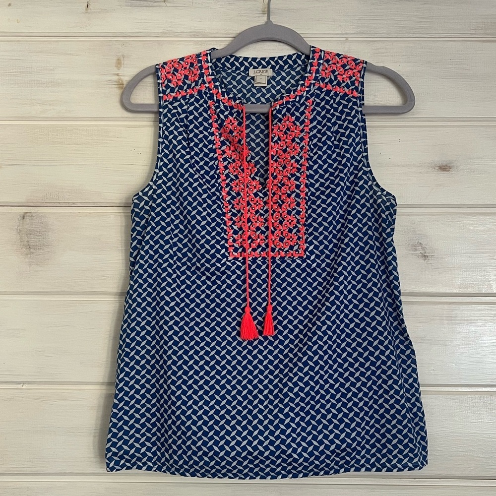 J. Crew Navy Geometric Sleeveless Top with Coral Embroidery